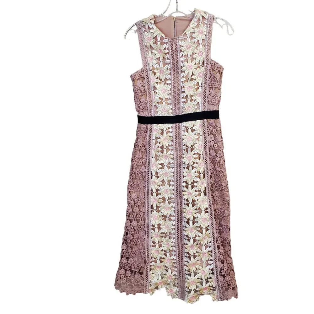 Self Portrait Daisy Floral Applique Lace Nude Illusion Midi Dress Wedding Size 6 - Picture 3 of 13